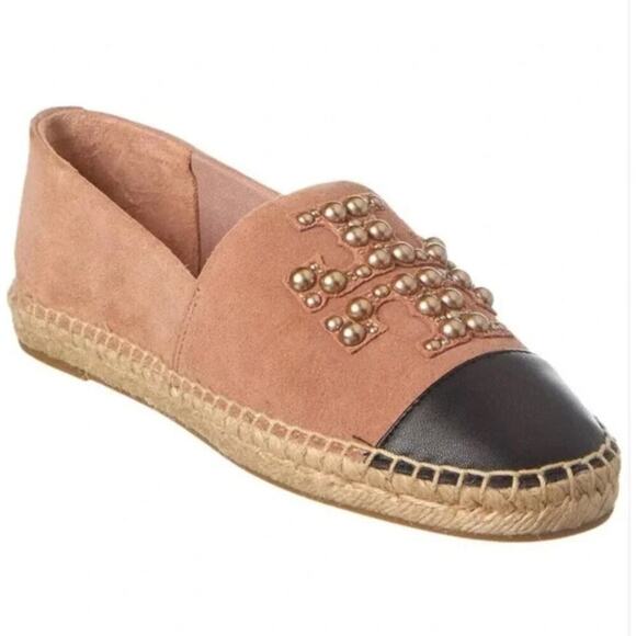 TORY BURCH Pearl Logo Flat Espadrille Suede-MEADOWSWEET size 6.5M - Picture 1 of 8